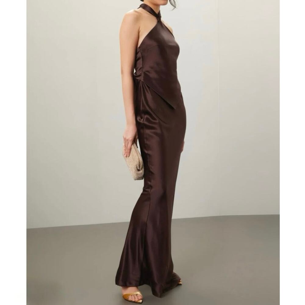 Retrofête Ester Dress brown satin halter Macy dress open back size Large